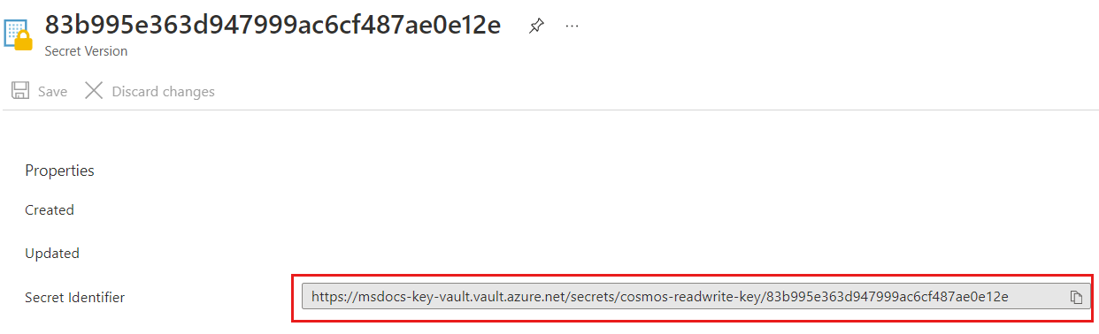 Zrzut ekranu przedstawiający identyfikator wpisu tajnego dla wpisu tajnego magazynu kluczy o nazwie cosmos-readwrite-key.
