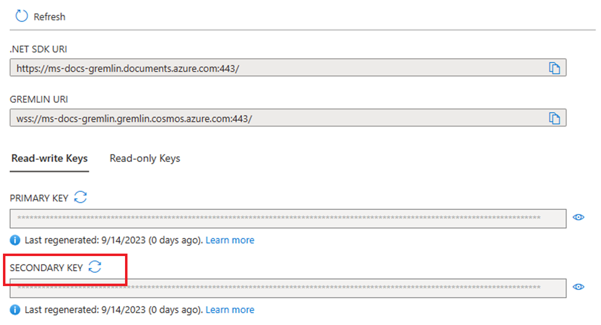 Screenshot of the Azure portal showing how to regenerate the secondary key