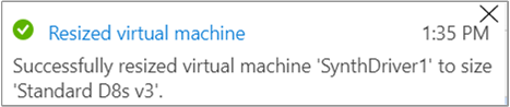 Zrzut ekranu przedstawiający powiadomienie o pomyślnym zmianie rozmiaru maszyny wirtualnej.