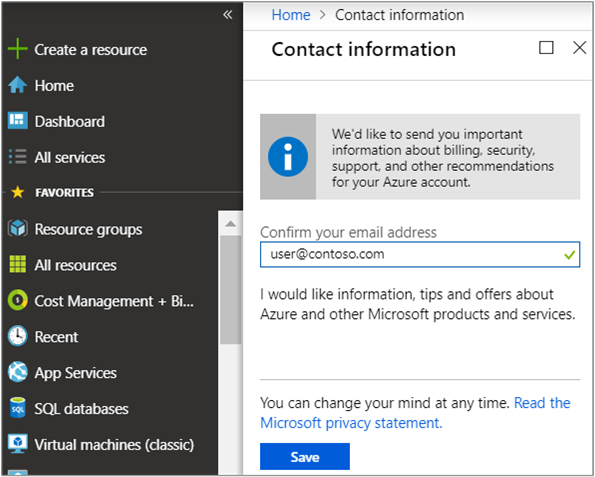 Zrzut ekranu przedstawiający przykład aktualizowania adresu e-mail na platformie Azure.