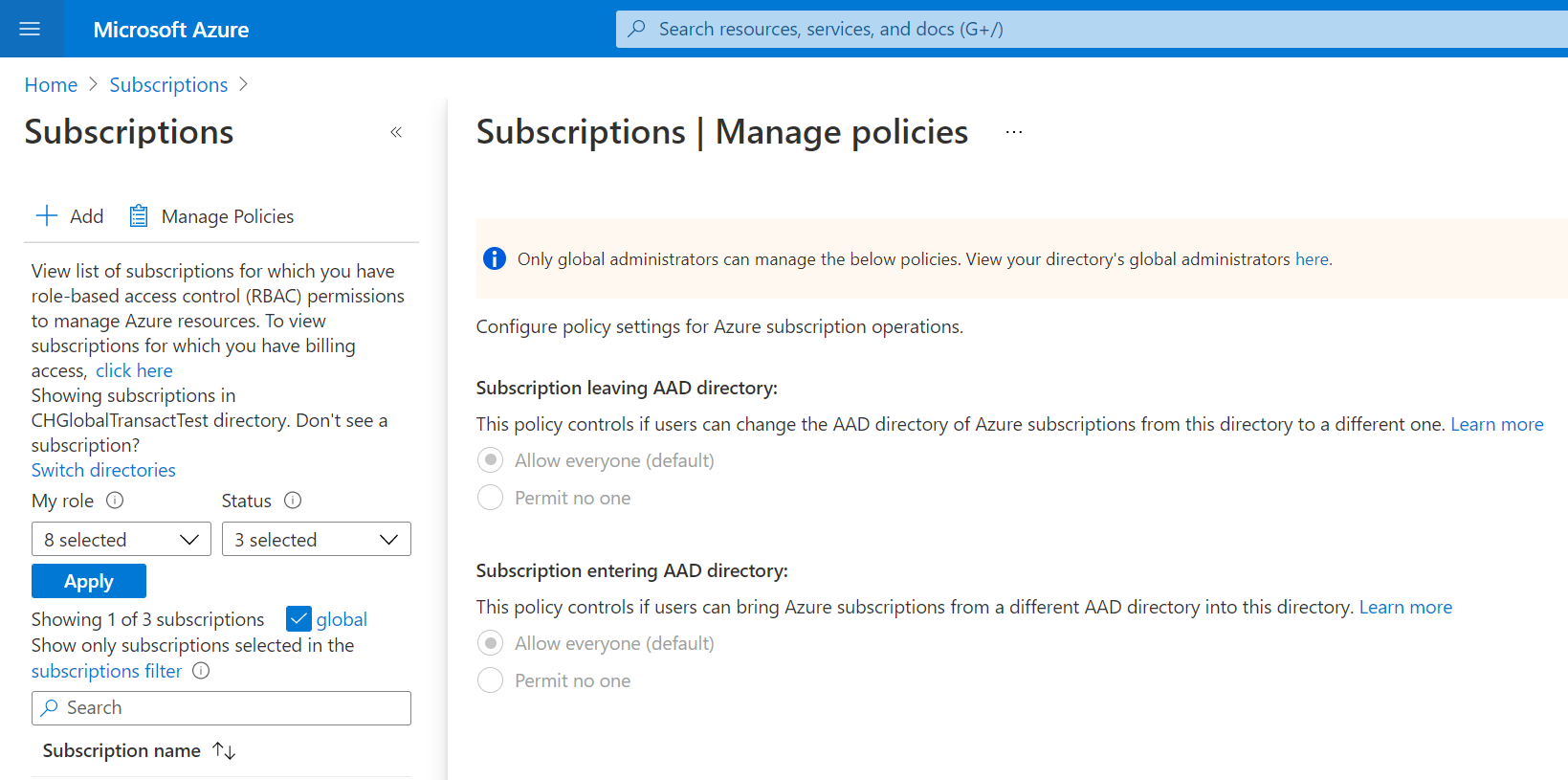 Screenshot showing the Manage policies in Subscriptions as a reader.