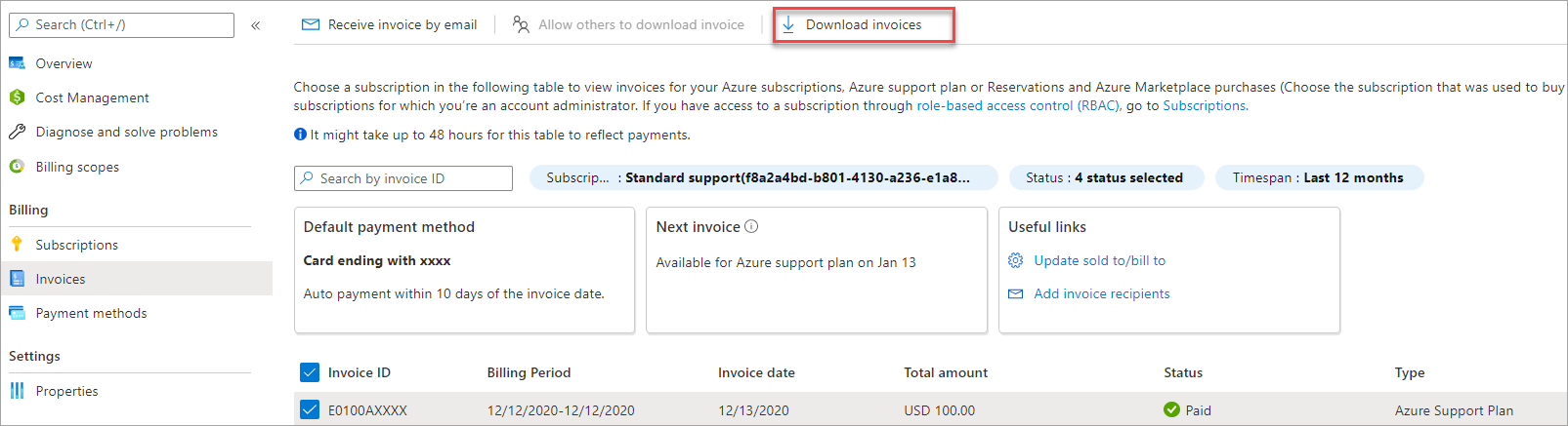 Screenshot that shows the download option for an MOSP support plan invoice 