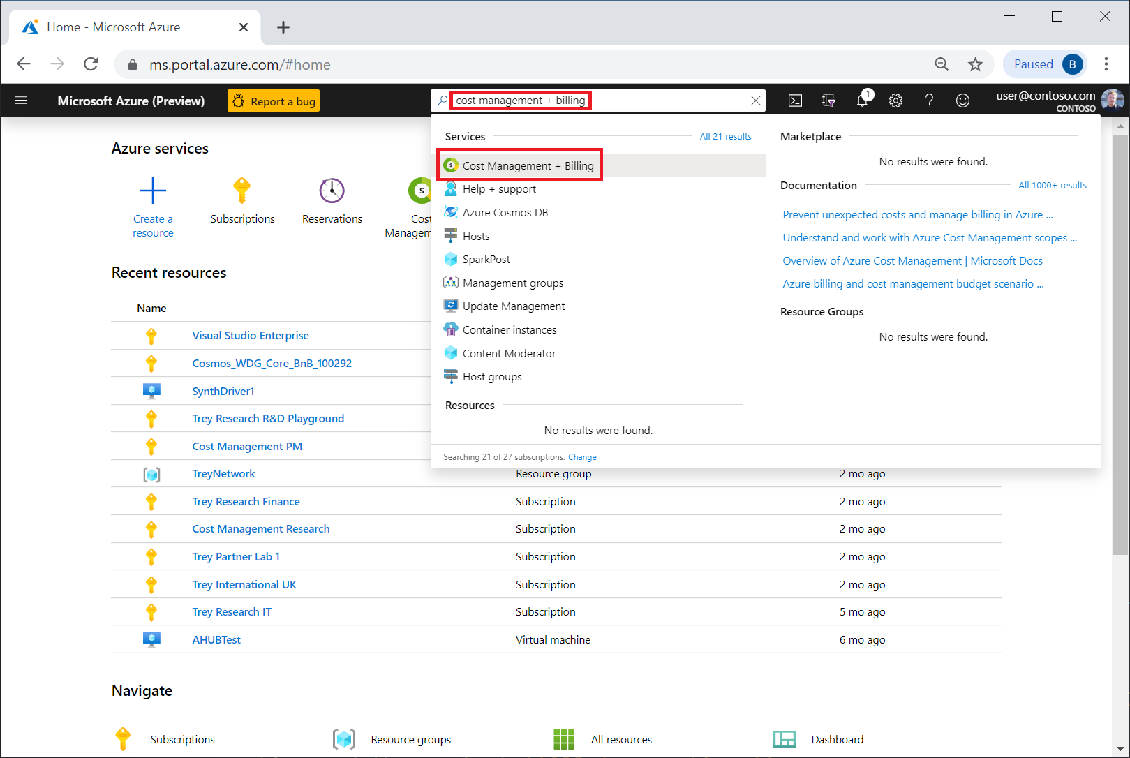 Screenshot shows Azure portal search for cost management + billing.