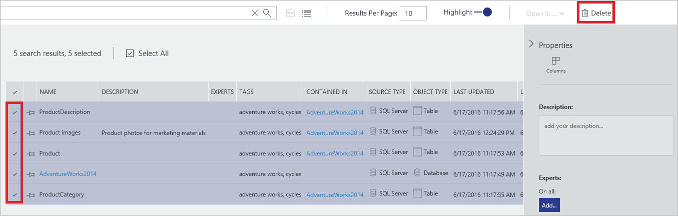 Usługa Azure Data Catalog — usuwanie kilku zasobów danych