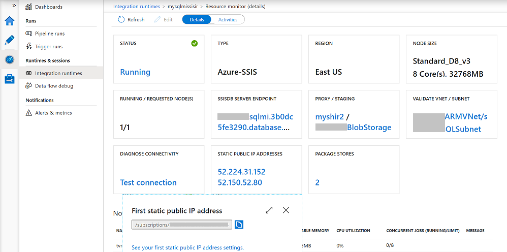 Monitor your Azure-SSIS IR - STATIC tile