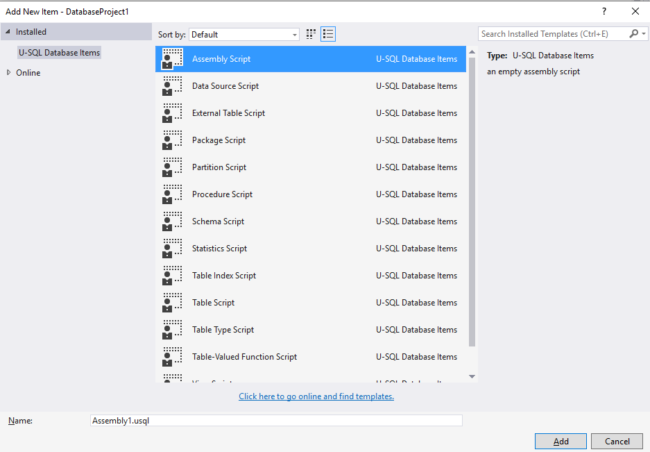 Data Lake Tools for Visual Studio — dodawanie skryptu zestawu