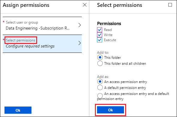Screenshot of the Assign permissions blade with the Select permissions option called out and the Select permissions blade with the Ok option called out.