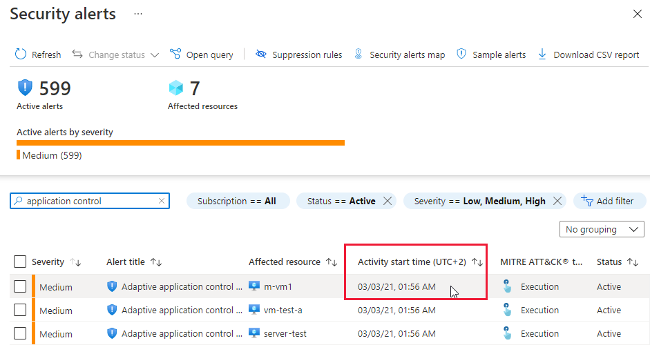 Screenshot of the start time of adaptive application controls alerts showing that the time is when adaptive application controls created the alert.