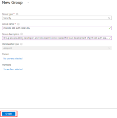 Zrzut ekranu przedstawiający stronę Nowa grupa przedstawiająca sposób ukończenia procesu, wybierając przycisk Utwórz.