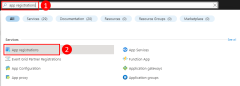 Zrzut ekranu przedstawiający sposób użycia górnego paska wyszukiwania w witrynie Azure Portal w celu znalezienia i przejścia do strony Rejestracje aplikacji.