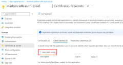 Zrzut ekranu przedstawiający lokalizację linku do utworzenia nowego wpisu tajnego klienta na stronie certyfikatów i wpisów tajnych.