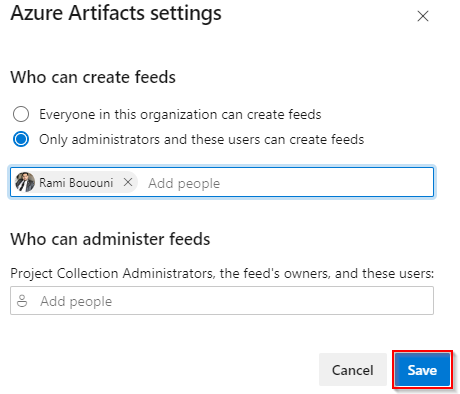 Zrzut ekranu przedstawiający sposób konfigurowania ustawień usługi Azure Artifacts.