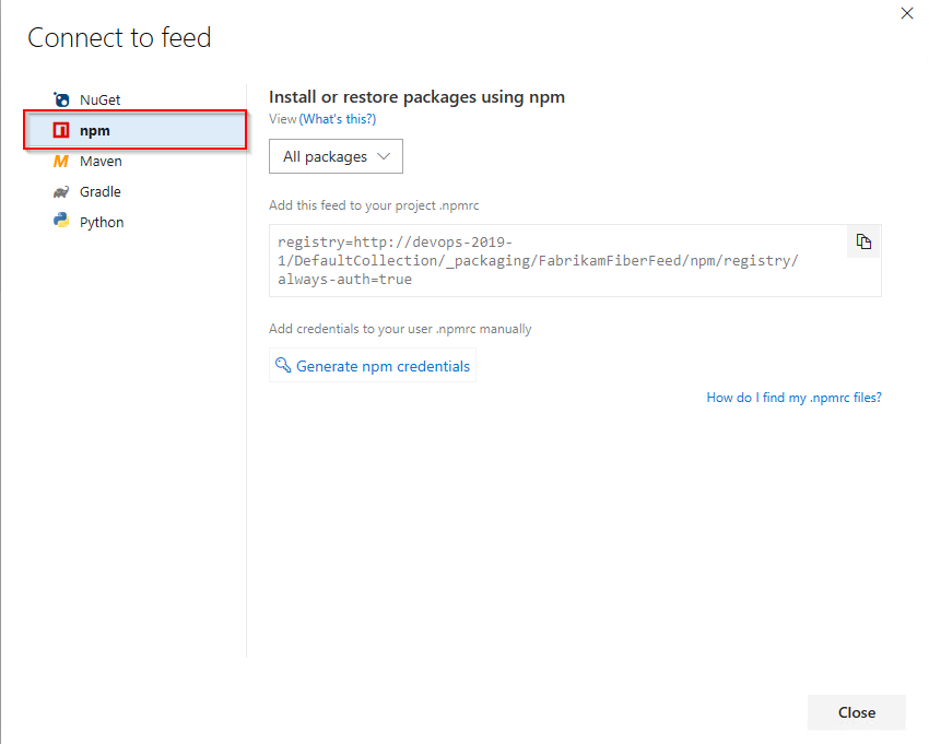 Zrzut ekranu przedstawiający sposób konfigurowania plików npmrc na poziomie projektu i na poziomie użytkownika w usłudze Azure DevOps Server 2019.1.