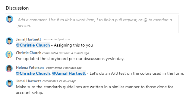 Zrzut ekranu przedstawiający sekcję Dyskusja w formularzu elementu roboczego.