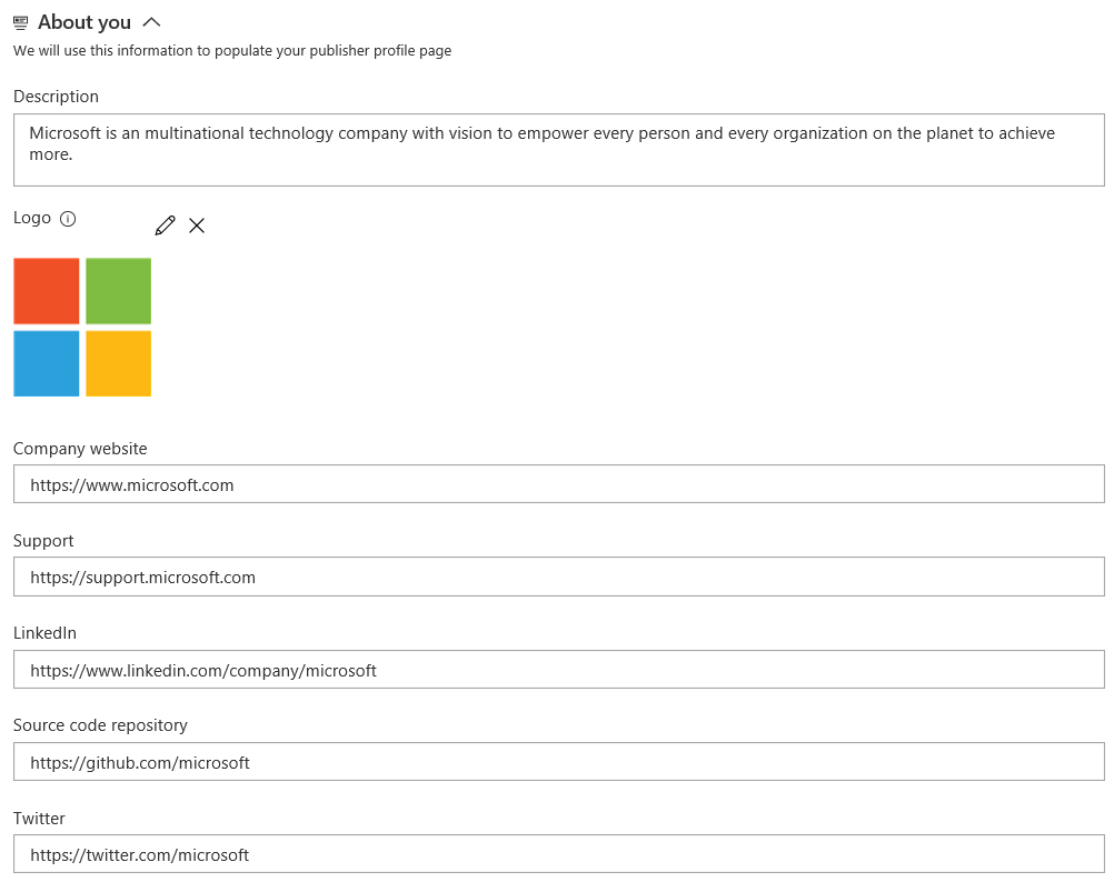 Zrzut ekranu przedstawiający sekcję dotyczącą Ciebie dla wydawców firmy Microsoft.