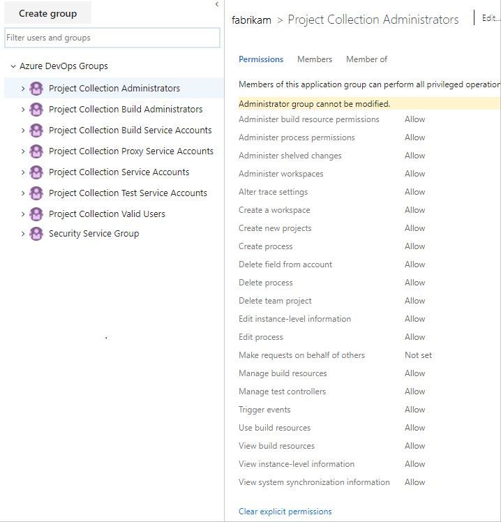 Screenshot of Project collection groups, on-premises versions.