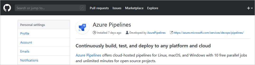 Zainstaluj rozszerzenie usługi Azure Pipelines w usłudze GitHub.