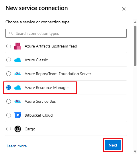 Zrzut ekranu przedstawiający wybór połączenia usługi Azure Resource Manager.