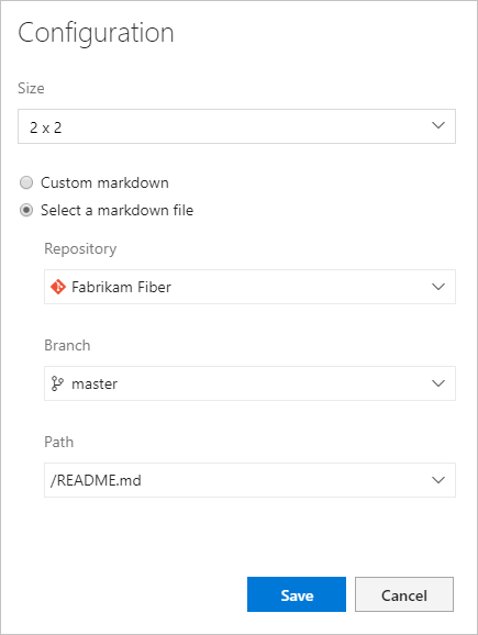 Zrzut ekranu przedstawiający widżet Configure Markdown with a repo file (Konfigurowanie widżetu języka Markdown z plikiem repozytorium).