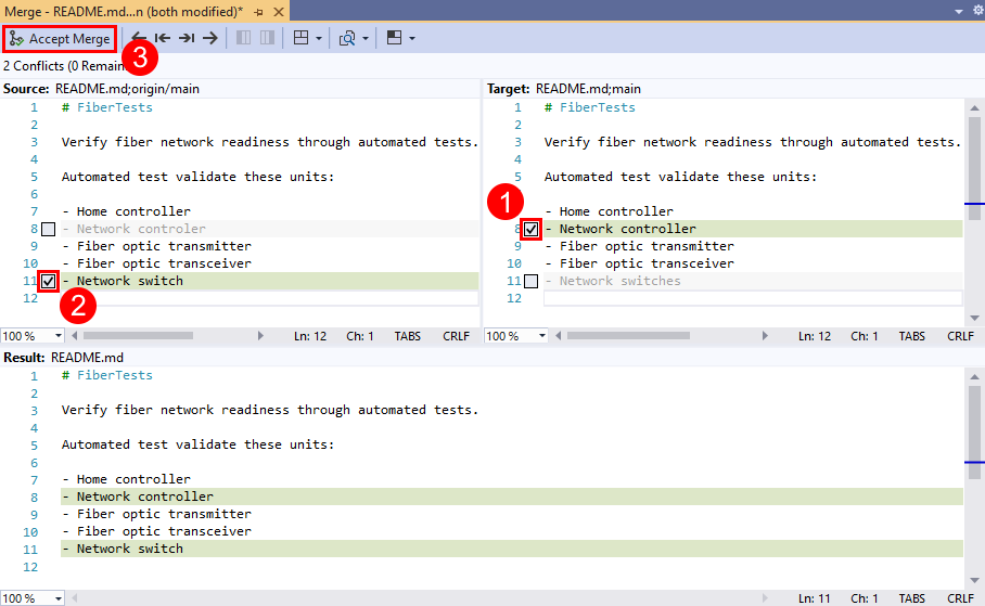 Zrzut ekranu przedstawiający edytor scalania programu Team Explorer w programie Visual Studio 2019.