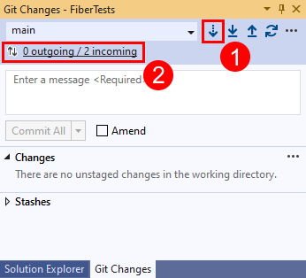 Zrzut ekranu przedstawiający przyciski Pobierania i Link przychodzący w oknie Zmiany usługi Git programu Visual Studio 2019.