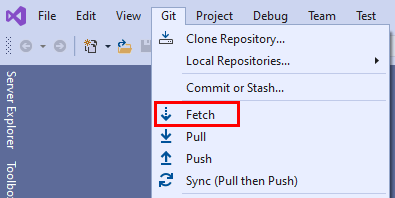 Zrzut ekranu przedstawiający opcję Pobierz w menu Git w programie Visual Studio 2019.