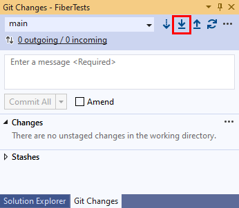 Zrzut ekranu przedstawiający przycisk Pull (Ściąganie) w oknie Git Changes (Zmiany usługi Git) programu Visual Studio 2019.