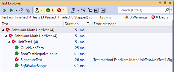 Zrzut ekranu przedstawiający niepowodzenie testu jednostkowego, który wcześniej przeszedł.