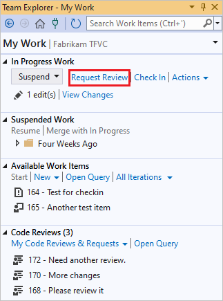 Zrzut ekranu przedstawiający link Request Review (Przegląd żądania) na stronie Team Explorer My Work (Moja praca w programie Team Explorer).