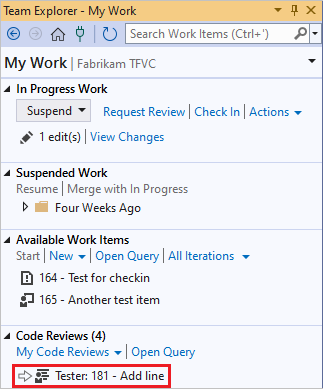 Zrzut ekranu przedstawiający żądanie przeglądu na stronie Moja praca w programie Team Explorer.