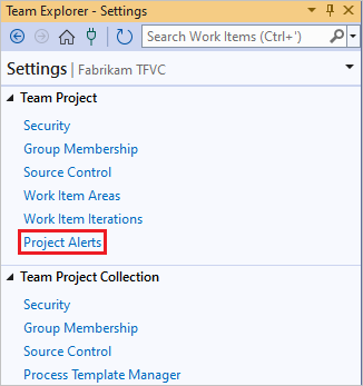 Zrzut ekranu przedstawiający link Alerty projektu na stronie Ustawienia w programie Team Explorer.