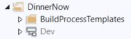 Zrzut ekranu przedstawiający okno Foldery w programie Visual Studio. Folder DinnerNow zawiera folder o nazwie BuildProcessTemplates i gałąź o nazwie Dev.
