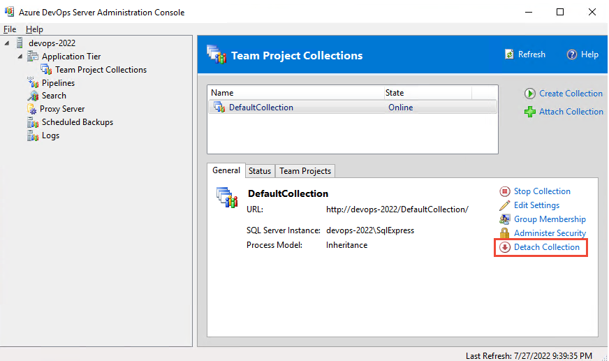 Zrzut ekranu przedstawiający wybieranie pozycji Odłącz kolekcję Azure DevOps Server 2022.