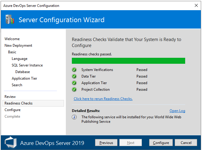 Zrzut ekranu przedstawiający stronę Rozpoczęcia konfigurowania Azure DevOps Server 2019 r.