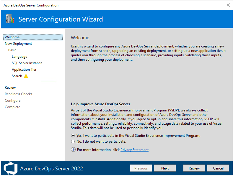 Zrzut ekranu przedstawiający Kreatora konfiguracji serwera, stronę powitalną 2022. 