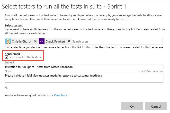 Zrzut ekranu przedstawiający wysyłanie wiadomości e-mail do testerów.