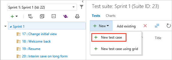 Zrzut ekranu przedstawiający zestaw testów dla elementu listy prac i dodawanie nowego przypadku testowego.