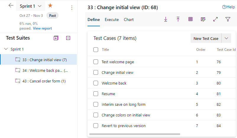 Zrzut ekranu przedstawiający plany testów platformy Azure i wybrane plany testów