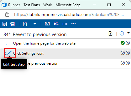 Zrzut ekranu przedstawiający sposób wybierania ikony edycji w celu edytowania kroków testowych.