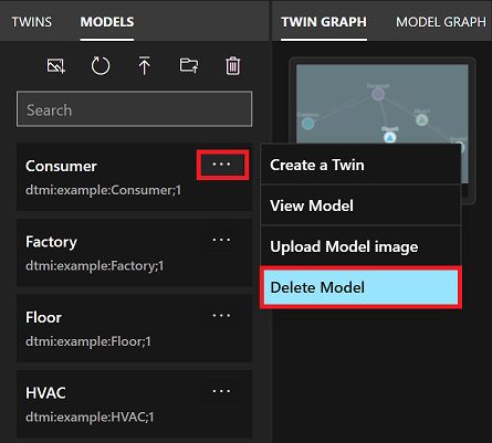 Zrzut ekranu przedstawiający panel Modele usługi Azure Digital Twins Explorer. Kropki menu dla pojedynczego modelu są wyróżnione, a opcja menu Usuń model jest również wyróżniona.