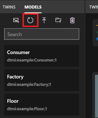 Zrzut ekranu przedstawiający panel Modele usługi Azure Digital Twins Explorer. Ikona Odśwież modele jest wyróżniona.
