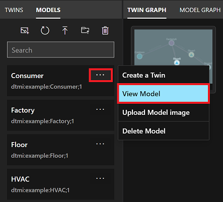 Zrzut ekranu przedstawiający panel Modele usługi Azure Digital Twins Explorer. Kropki menu dla pojedynczego modelu są wyróżnione, a opcja menu Wyświetl model jest również wyróżniona.