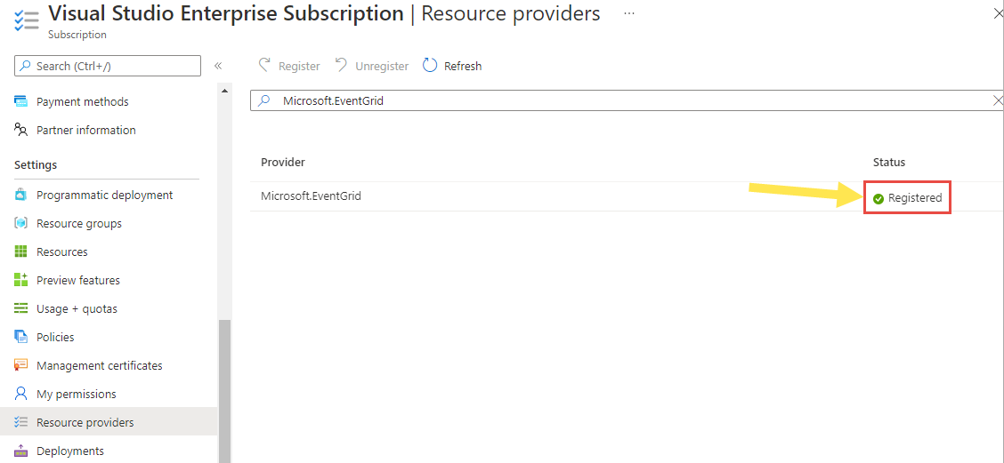Obraz przedstawiający pomyślną rejestrację dostawcy Microsoft.EventGrid w ramach subskrypcji platformy Azure.