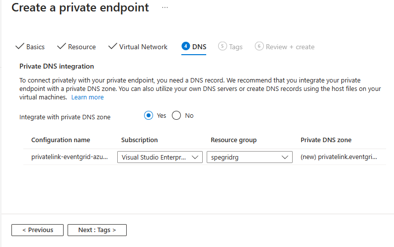 Zrzut ekranu przedstawiający stronę DNS kreatora Tworzenie prywatnego punktu końcowego.