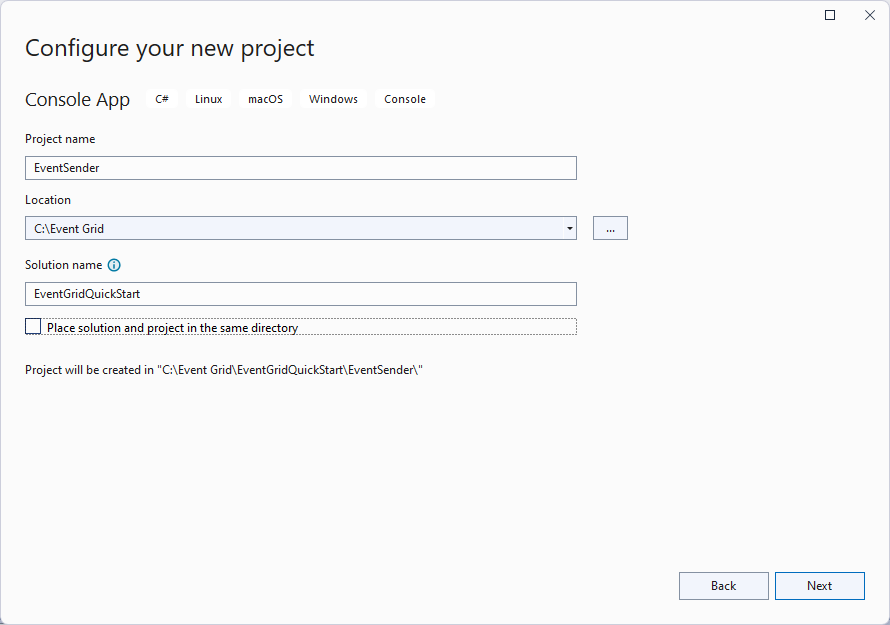 Screenshot showing the solution and project names in the Configure your new project dialog box.