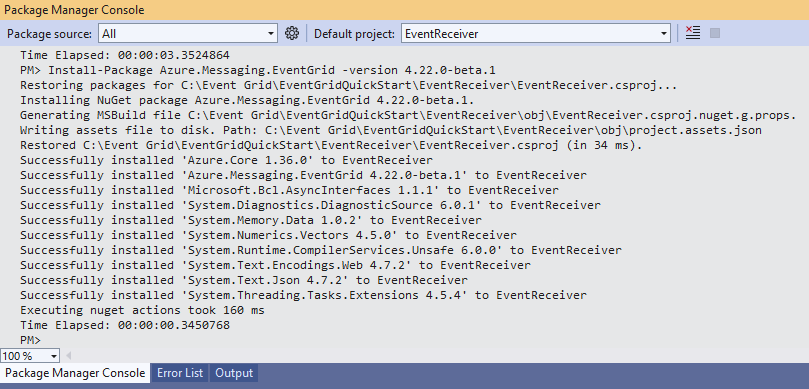 Screenshot showing EventReceiver project selected in the Package Manager Console.