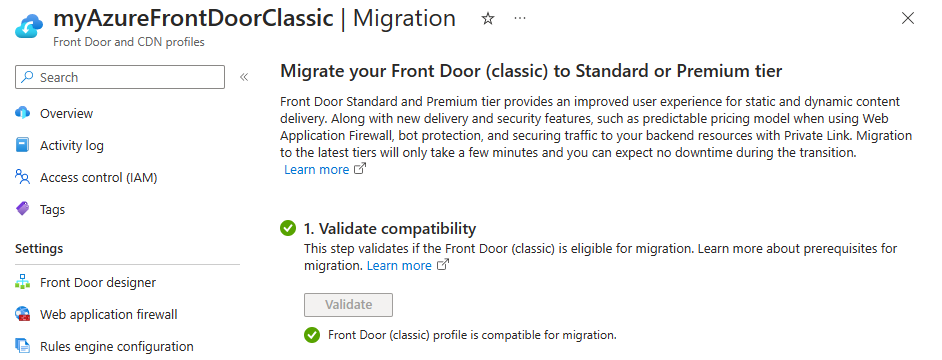 Zrzut ekranu przedstawiający profil usługi Front Door (klasyczny) przekazujący walidację migracji.