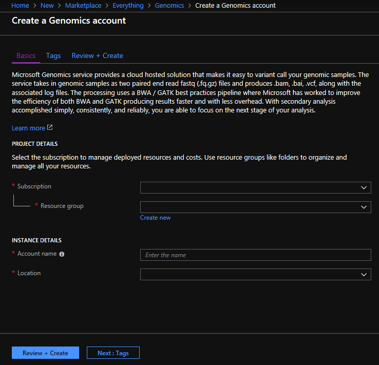 Usługa Microsoft Genomics w usłudze Azure Portal