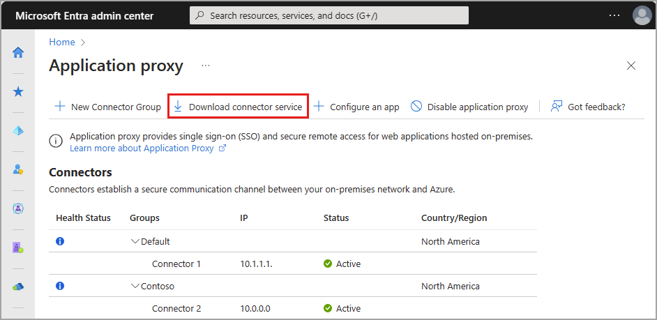 Zrzut ekranu przedstawiający przycisk Pobierz usługę łącznika na stronie serwera proxy aplikacji.