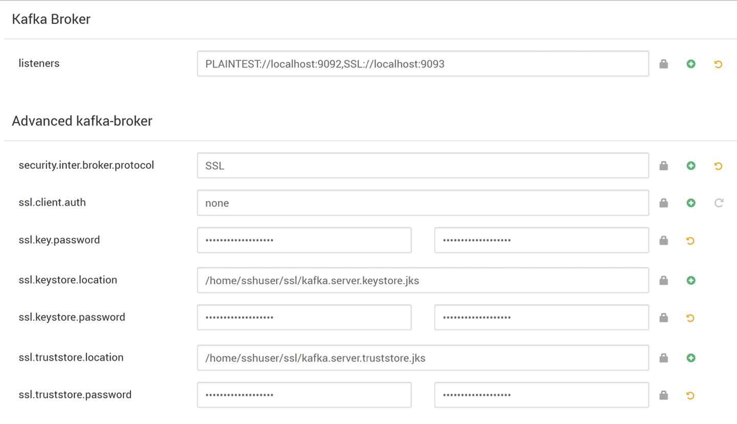 Zrzut ekranu przedstawiający sposób edytowania pola właściwości szablonu kafka-env w narzędziu Ambari tylko na potrzeby szyfrowania.